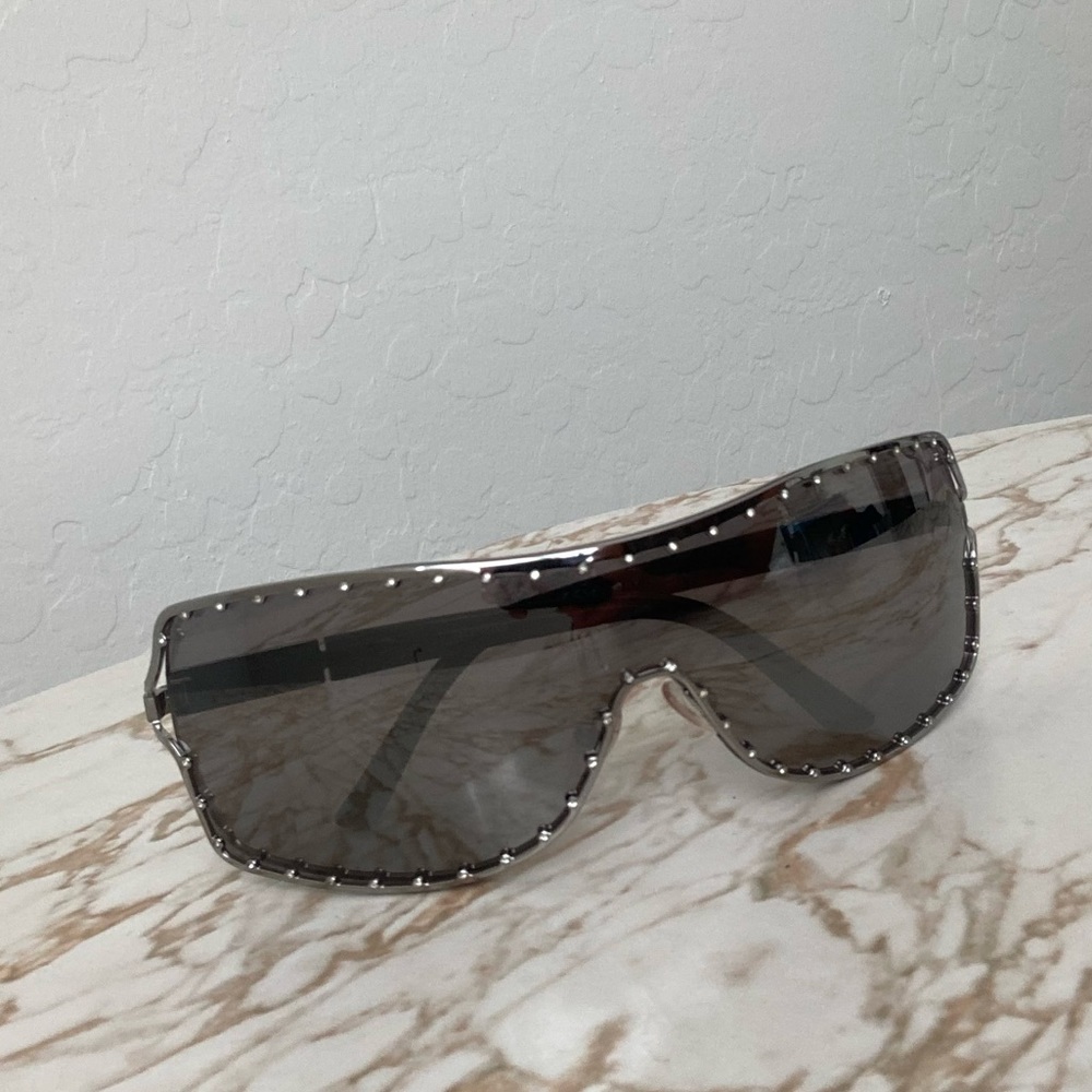 Valentino Gray Shield Sunglasses with Stud Accents
